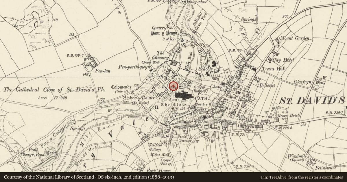 Ordnance Survey six-inch map, 2nd edition (1888–1913) covering the location of Pen-y-Ffos, St. David's and the Cathedral Close, Pembrokeshire, with a pin at the register's coordinates