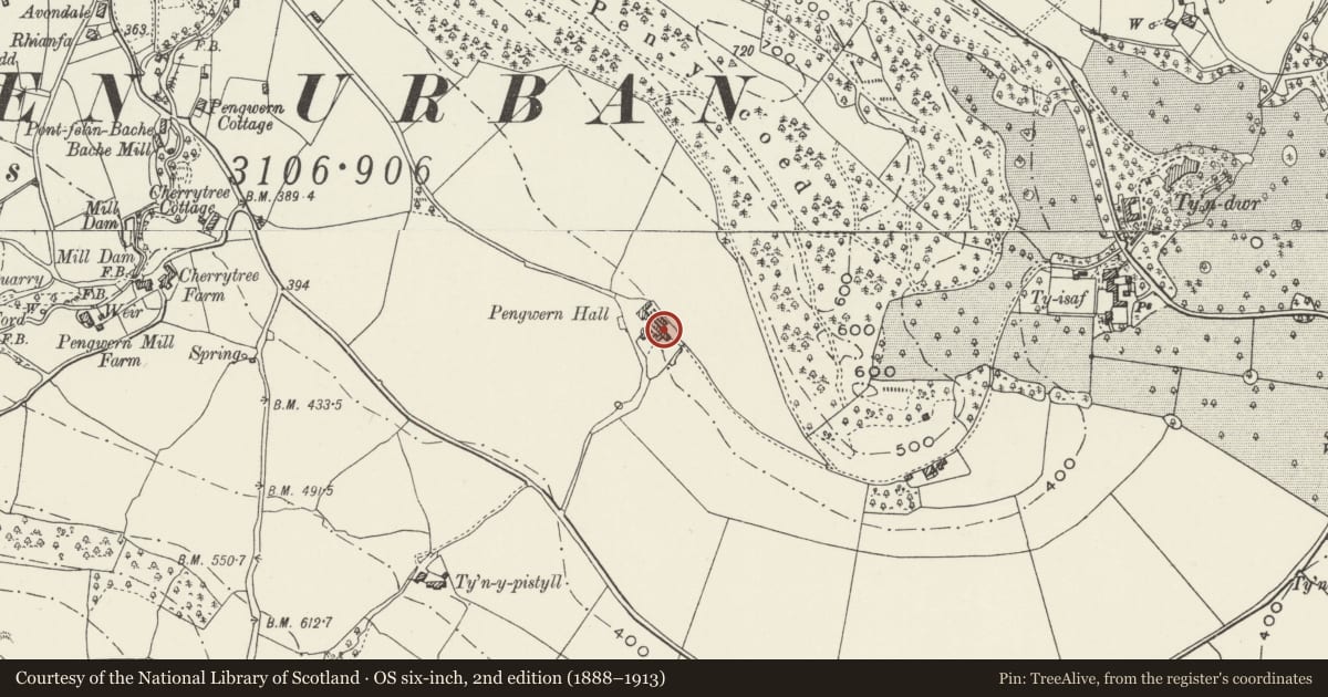 Ordnance Survey six-inch map, 2nd edition (1888–1913) covering the location of T-Shaped Range to rear of Pengwern Hall (including Vaulted Undercroft), Llangollen, Denbighshire, with a pin at the register's coordinates