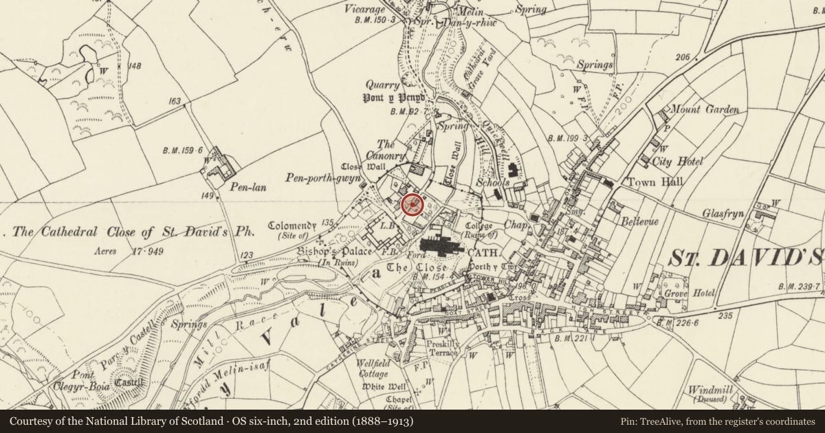 Ordnance Survey six-inch map, 2nd edition (1888–1913) covering the location of Treasury Gateway (formerly listed separately), St. David's and the Cathedral Close, Pembrokeshire, with a pin at the register's coordinates