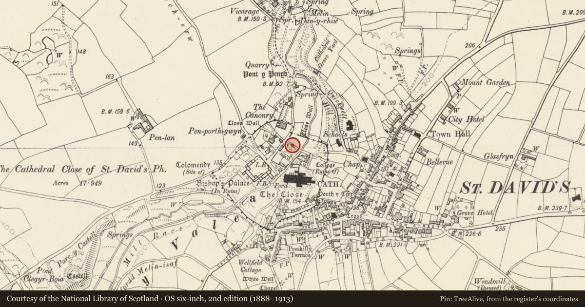 Ordnance Survey six-inch map, 2nd edition (1888–1913) covering the location of Garden Wall to NE.of Treasurer's House, St. David's and the Cathedral Close, Pembrokeshire, with a pin at the register's coordinates