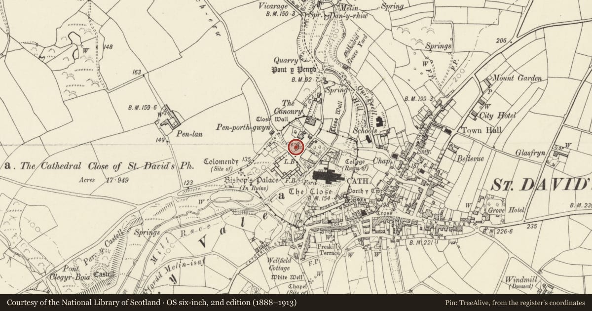 Ordnance Survey six-inch map, 2nd edition (1888–1913) covering the location of The Arch Deaconry (The Archdeacon of St David's House), St. David's and the Cathedral Close, Pembrokeshire, with a pin at the register's coordinates