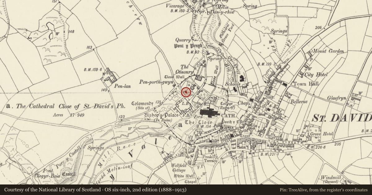 Ordnance Survey six-inch map, 2nd edition (1888–1913) covering the location of Coach House to The Arch Deaconry, St. David's and the Cathedral Close, Pembrokeshire, with a pin at the register's coordinates