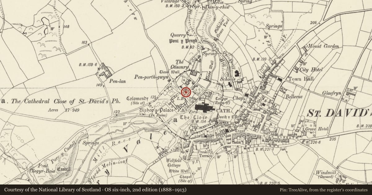 Ordnance Survey six-inch map, 2nd edition (1888–1913) covering the location of Front & Side Garden Wall & Gatepiers to The Arch Deaconry, St. David's and the Cathedral Close, Pembrokeshire, with a pin at the register's coordinates