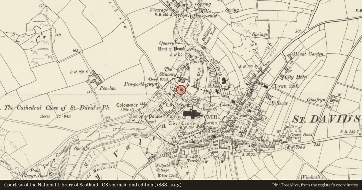 Ordnance Survey six-inch map, 2nd edition (1888–1913) covering the location of Coach House to Brecon House, St. David's and the Cathedral Close, Pembrokeshire, with a pin at the register's coordinates