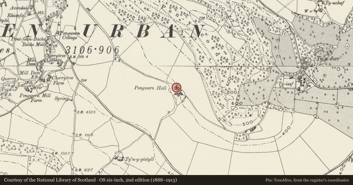 Ordnance Survey six-inch map, 2nd edition (1888–1913) covering the location of Long Barn Range at Pengwern Hall, Llangollen, Denbighshire, with a pin at the register's coordinates