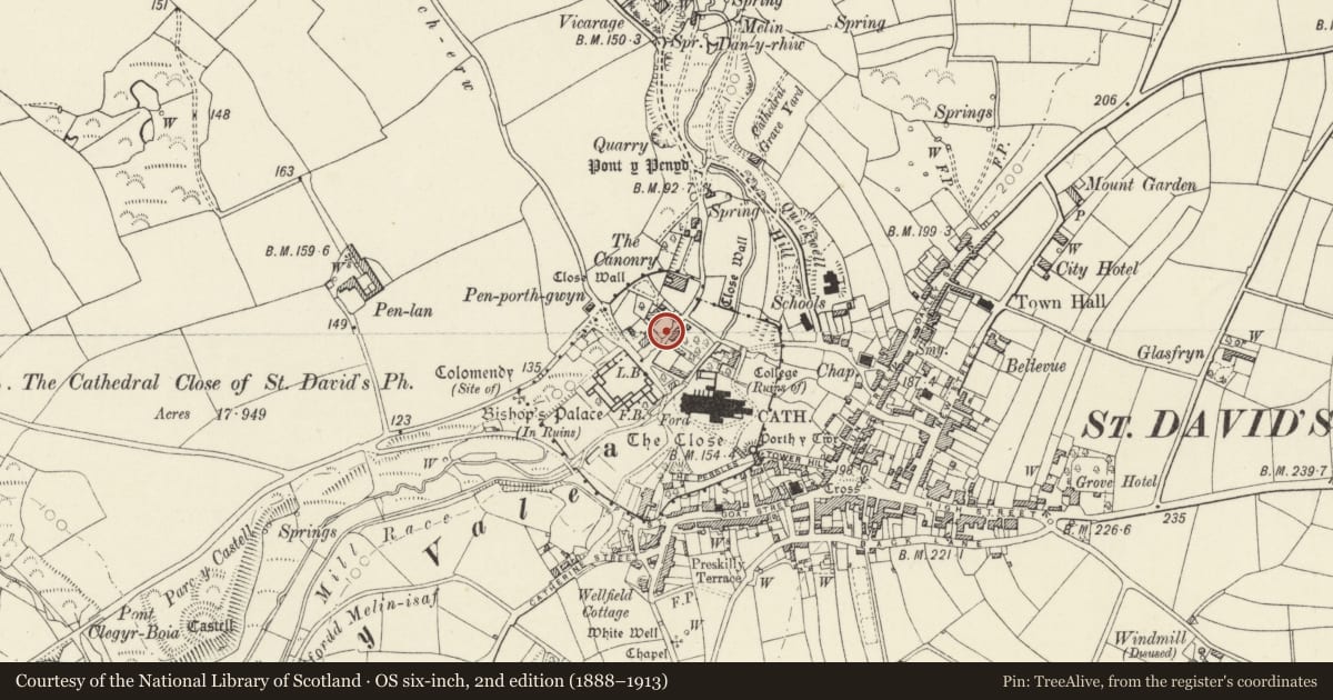 Ordnance Survey six-inch map, 2nd edition (1888–1913) covering the location of Front Garden Wall & Gatepiers & Gate to Brecon House, St. David's and the Cathedral Close, Pembrokeshire, with a pin at the register's coordinates