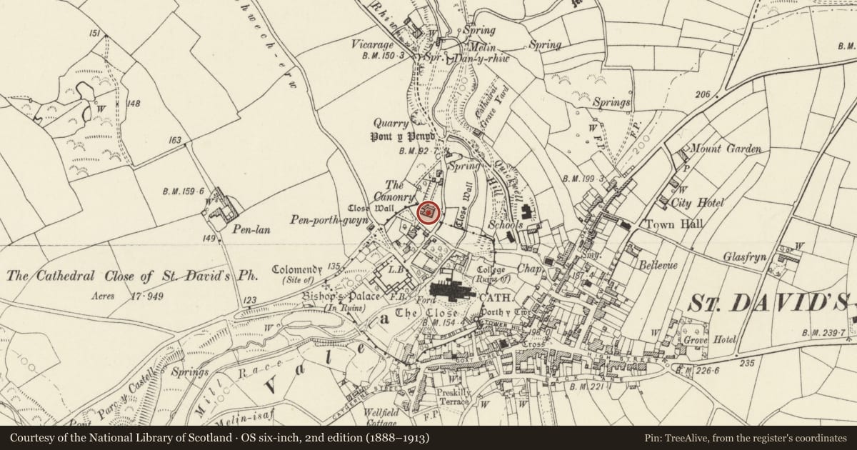 Ordnance Survey six-inch map, 2nd edition (1888–1913) covering the location of The Canonry, St. David's and the Cathedral Close, Pembrokeshire, with a pin at the register's coordinates