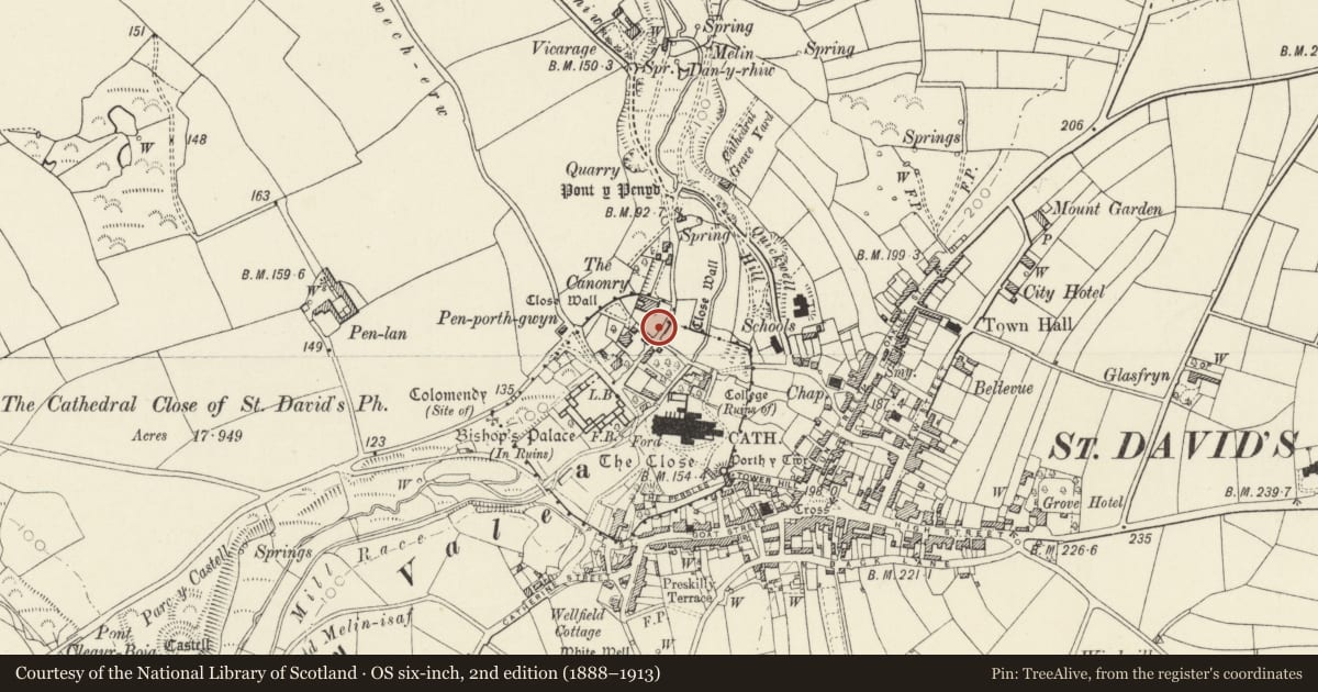 Ordnance Survey six-inch map, 2nd edition (1888–1913) covering the location of Front Garden Wall to the Canonry, St. David's and the Cathedral Close, Pembrokeshire, with a pin at the register's coordinates