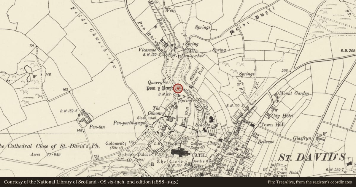 Ordnance Survey six-inch map, 2nd edition (1888–1913) covering the location of Pont y Penyd, St. David's and the Cathedral Close, Pembrokeshire, with a pin at the register's coordinates