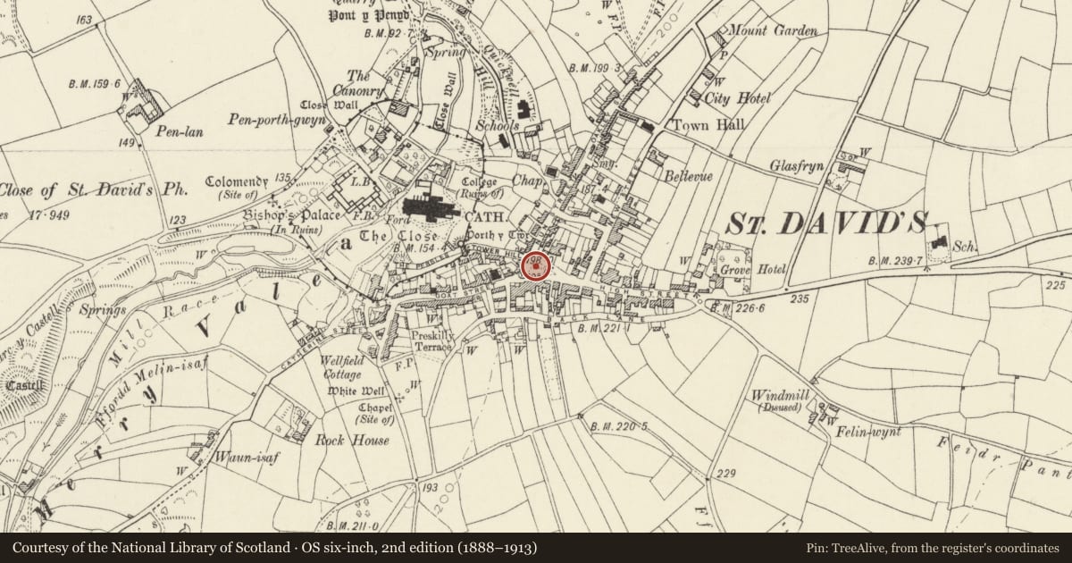 Ordnance Survey six-inch map, 2nd edition (1888–1913) covering the location of Roach Fountain, St. David's and the Cathedral Close, Pembrokeshire, with a pin at the register's coordinates