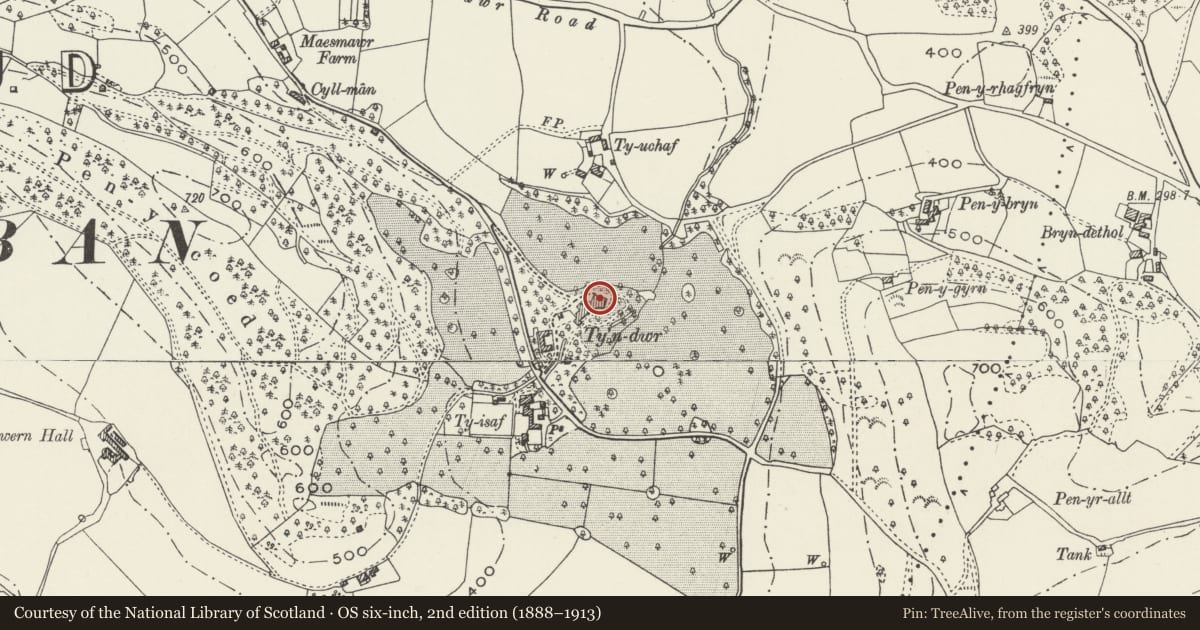 Ordnance Survey six-inch map, 2nd edition (1888–1913) covering the location of Tyn-Dwr, Llangollen, Denbighshire, with a pin at the register's coordinates