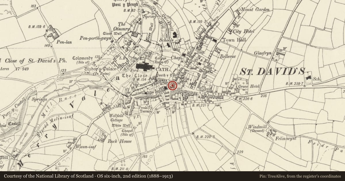 Ordnance Survey six-inch map, 2nd edition (1888–1913) covering the location of Cartref Restaurant, St. David's and the Cathedral Close, Pembrokeshire, with a pin at the register's coordinates