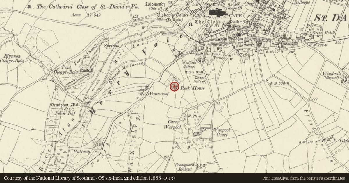 Ordnance Survey six-inch map, 2nd edition (1888–1913) covering the location of Y Fagwr, including Yard Wall & Gatepiers, St. David's and the Cathedral Close, Pembrokeshire, with a pin at the register's coordinates