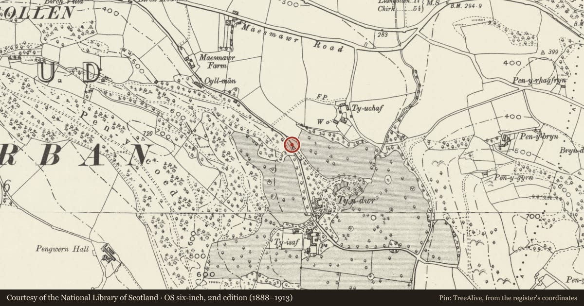 Ordnance Survey six-inch map, 2nd edition (1888–1913) covering the location of Gatepiers to Tyn-Dwr, Llangollen, Denbighshire, with a pin at the register's coordinates