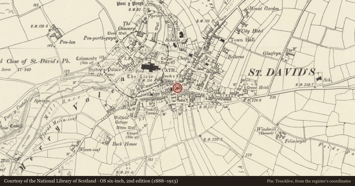 Ordnance Survey six-inch map, 2nd edition (1888–1913) covering the location of 2 Goat Street, St. David's and the Cathedral Close, Pembrokeshire, with a pin at the register's coordinates