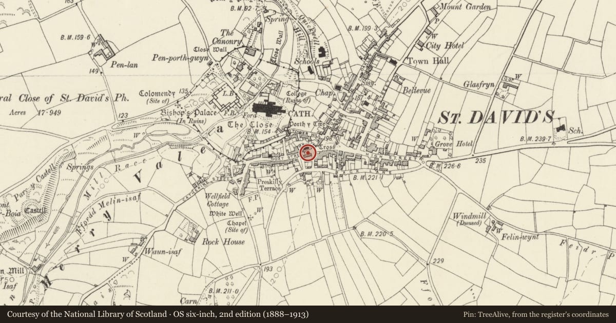 Ordnance Survey six-inch map, 2nd edition (1888–1913) covering the location of 3 Goat Street, St. David's and the Cathedral Close, Pembrokeshire, with a pin at the register's coordinates