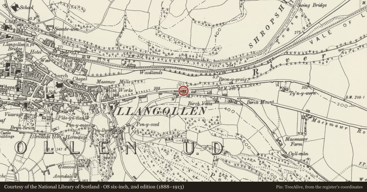 Ordnance Survey six-inch map, 2nd edition (1888–1913) covering the location of Y Bryn, Llangollen, Denbighshire, with a pin at the register's coordinates