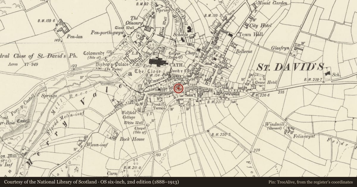 Ordnance Survey six-inch map, 2nd edition (1888–1913) covering the location of 7 Goat Street, St. David's and the Cathedral Close, Pembrokeshire, with a pin at the register's coordinates