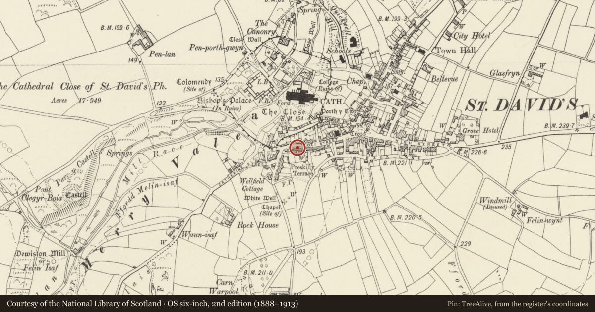 Ordnance Survey six-inch map, 2nd edition (1888–1913) covering the location of 37 Goat Street, St. David's and the Cathedral Close, Pembrokeshire, with a pin at the register's coordinates