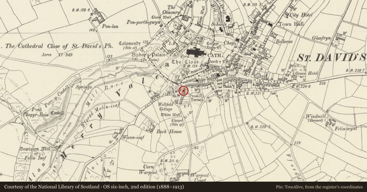 Ordnance Survey six-inch map, 2nd edition (1888–1913) covering the location of 51 Goat Street, St. David's and the Cathedral Close, Pembrokeshire, with a pin at the register's coordinates