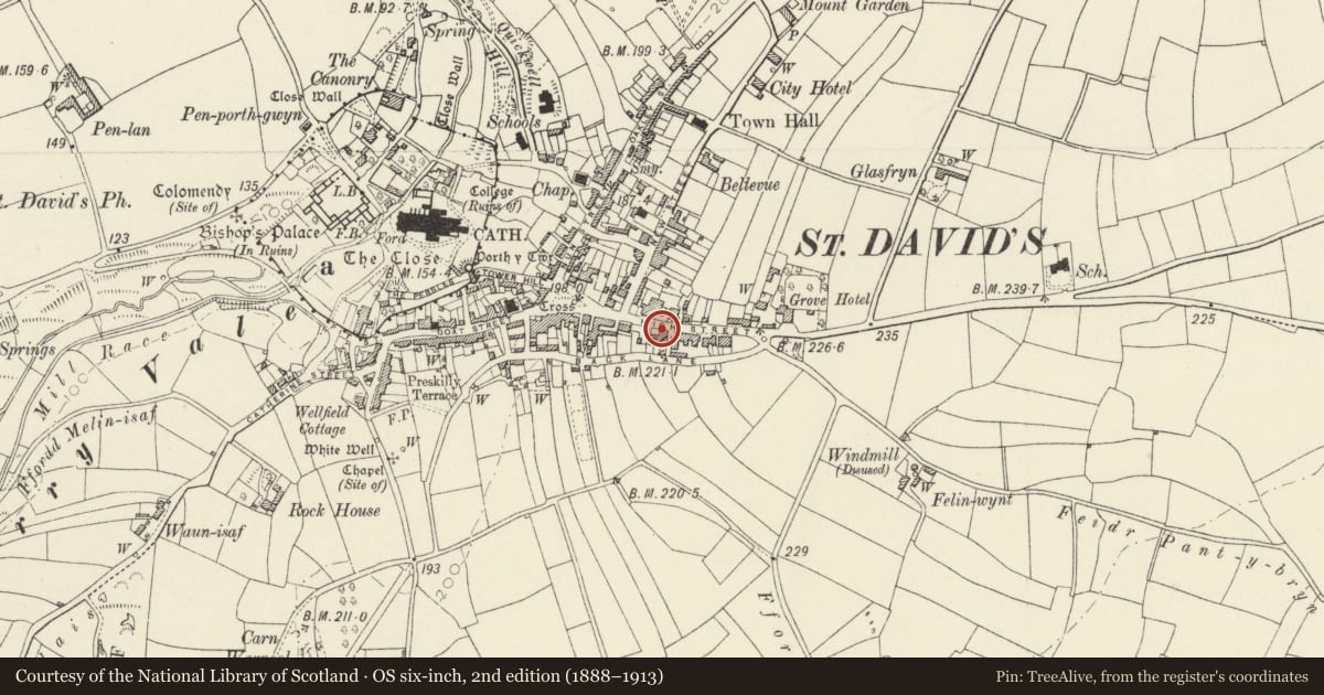 Ordnance Survey six-inch map, 2nd edition (1888–1913) covering the location of 20 High Street, St. David's and the Cathedral Close, Pembrokeshire, with a pin at the register's coordinates