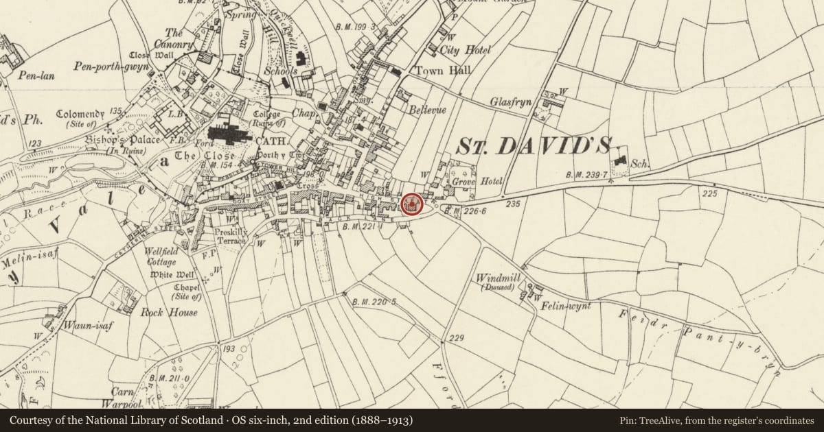 Ordnance Survey six-inch map, 2nd edition (1888–1913) covering the location of 44 High Street, St. David's and the Cathedral Close, Pembrokeshire, with a pin at the register's coordinates