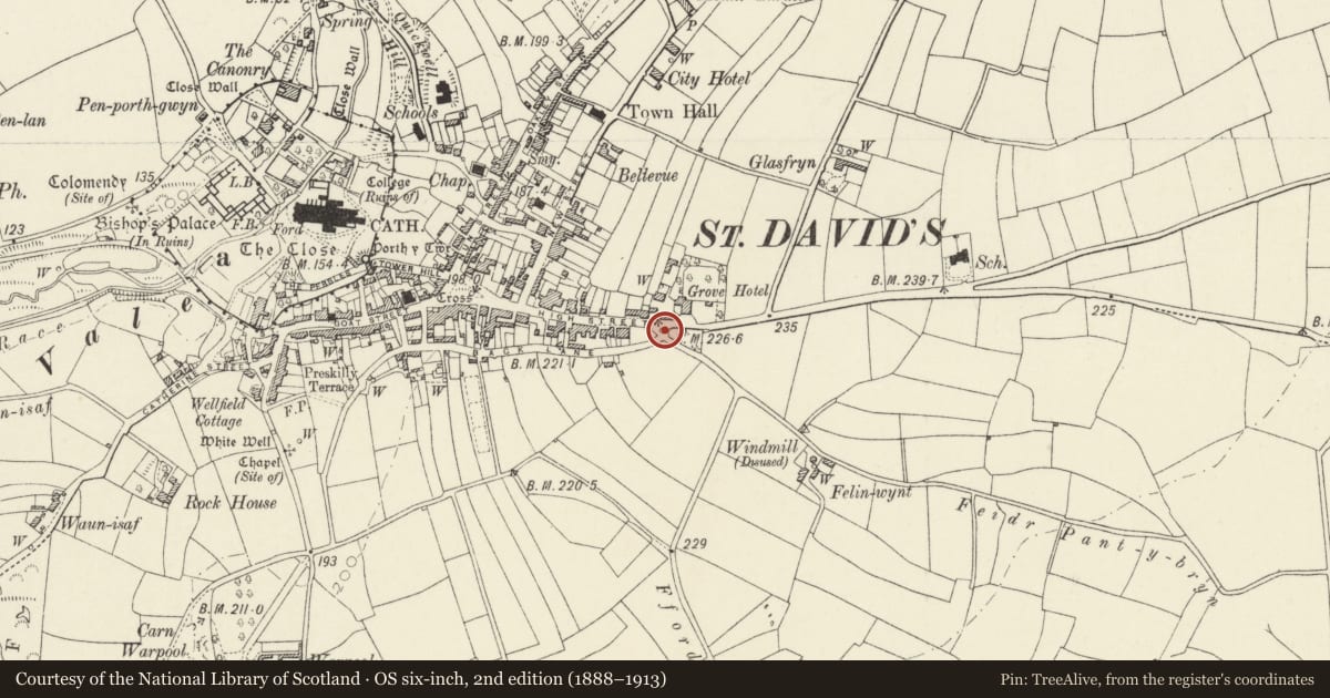 Ordnance Survey six-inch map, 2nd edition (1888–1913) covering the location of Cocyn Round, St. David's and the Cathedral Close, Pembrokeshire, with a pin at the register's coordinates