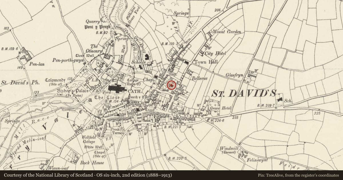 Ordnance Survey six-inch map, 2nd edition (1888–1913) covering the location of Seion Capel y Bedyddwyr/Seion Baptist Chapel, St. David's and the Cathedral Close, Pembrokeshire, with a pin at the register's coordinates