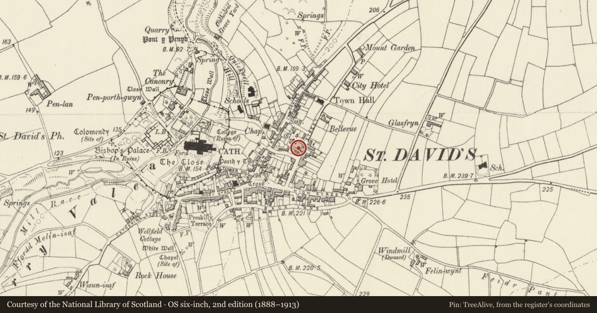 Ordnance Survey six-inch map, 2nd edition (1888–1913) covering the location of Detached School room from Seion Capel y Bedydddwyr/Seion Baptist Chapel, St. David's and the Cathedral Close, Pembrokeshire, with a pin at the register's coordinates