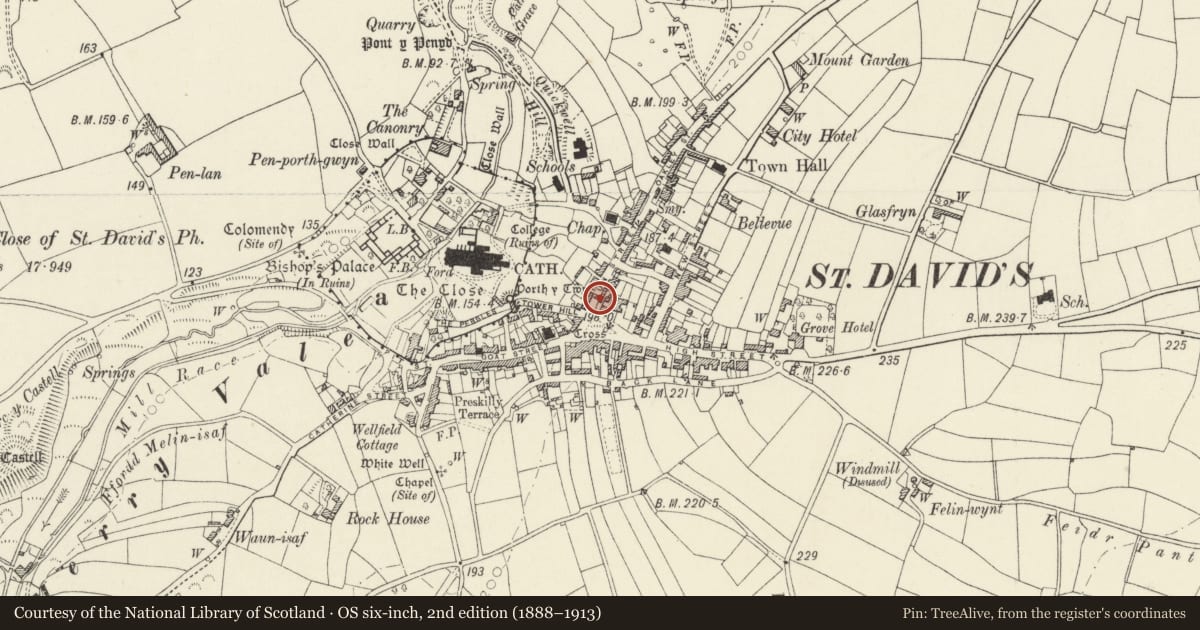 Ordnance Survey six-inch map, 2nd edition (1888–1913) covering the location of 6 Nun Street, St. David's and the Cathedral Close, Pembrokeshire, with a pin at the register's coordinates