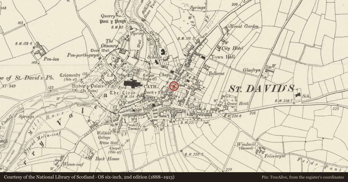 Ordnance Survey six-inch map, 2nd edition (1888–1913) covering the location of Milton Hall including Boundary Walls & Railings, St. David's and the Cathedral Close, Pembrokeshire, with a pin at the register's coordinates