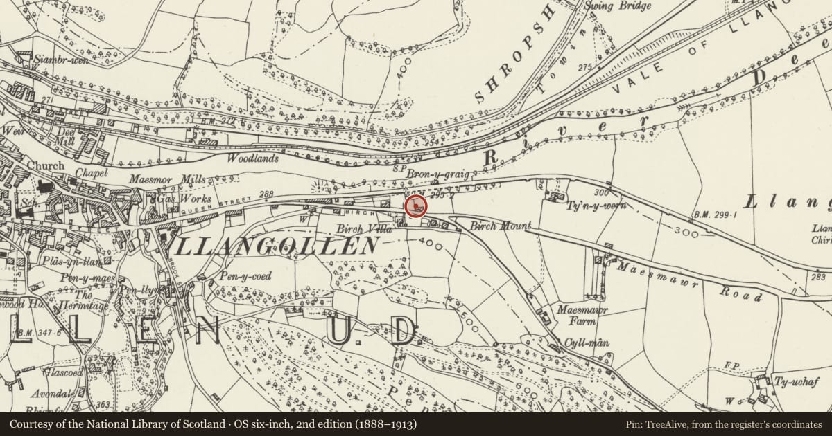 Ordnance Survey six-inch map, 2nd edition (1888–1913) covering the location of Pen-y-Bedw, Llangollen, Denbighshire, with a pin at the register's coordinates