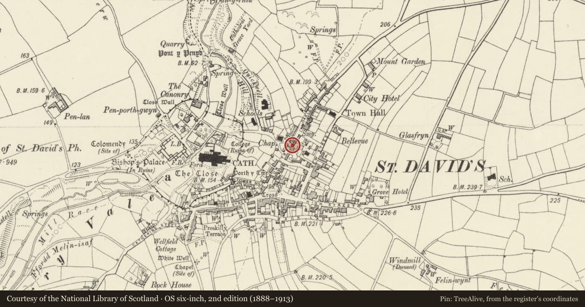 Ordnance Survey six-inch map, 2nd edition (1888–1913) covering the location of 34 Nun Street, St. David's and the Cathedral Close, Pembrokeshire, with a pin at the register's coordinates