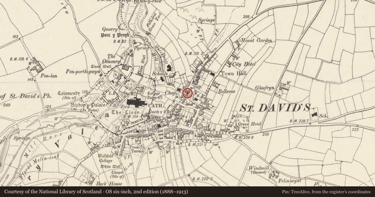 Ordnance Survey six-inch map, 2nd edition (1888–1913) covering the location of 36 Nun Street, St. David's and the Cathedral Close, Pembrokeshire, with a pin at the register's coordinates