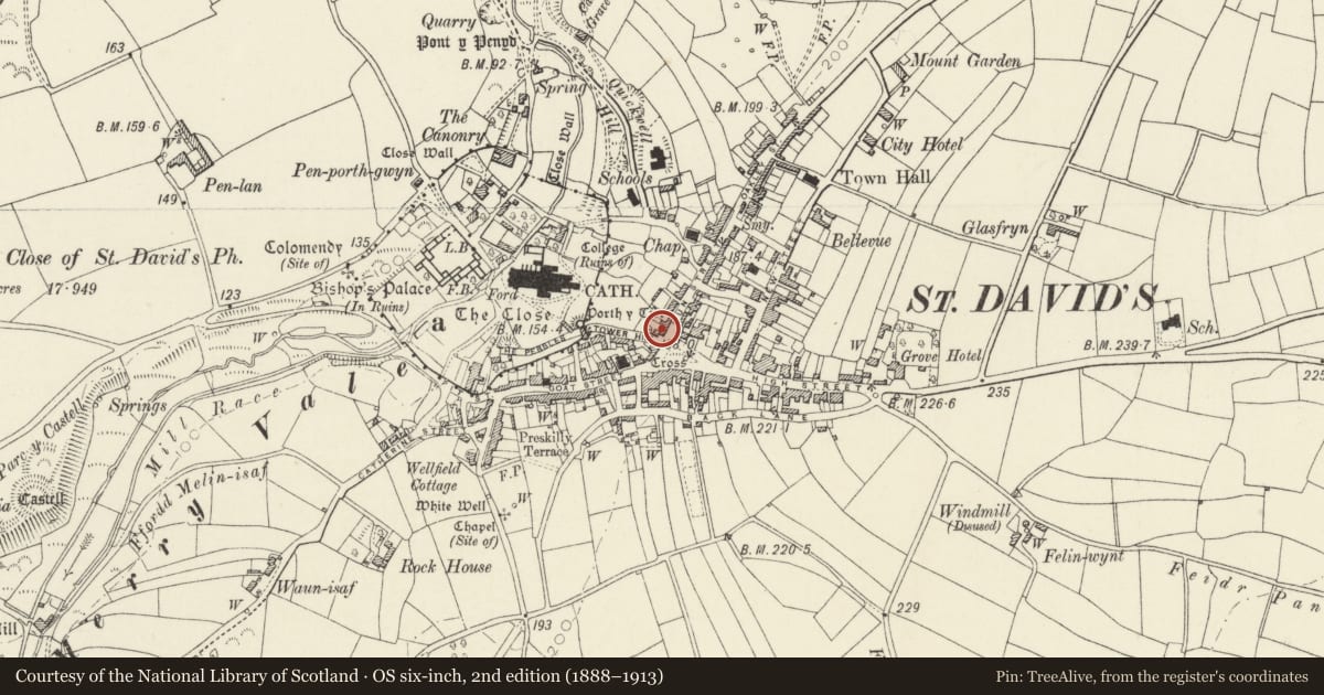 Ordnance Survey six-inch map, 2nd edition (1888–1913) covering the location of 3 Nun Street, St. David's and the Cathedral Close, Pembrokeshire, with a pin at the register's coordinates
