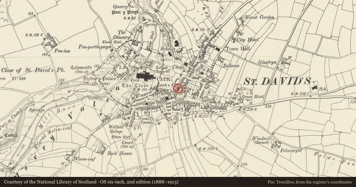 Ordnance Survey six-inch map, 2nd edition (1888–1913) covering the location of 5 Nun Street, St. David's and the Cathedral Close, Pembrokeshire, with a pin at the register's coordinates