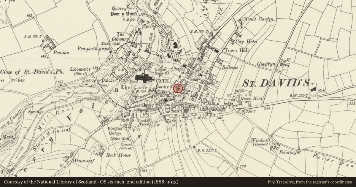 Ordnance Survey six-inch map, 2nd edition (1888–1913) covering the location of Glendower including front garden wall & railings, St. David's and the Cathedral Close, Pembrokeshire, with a pin at the register's coordinates