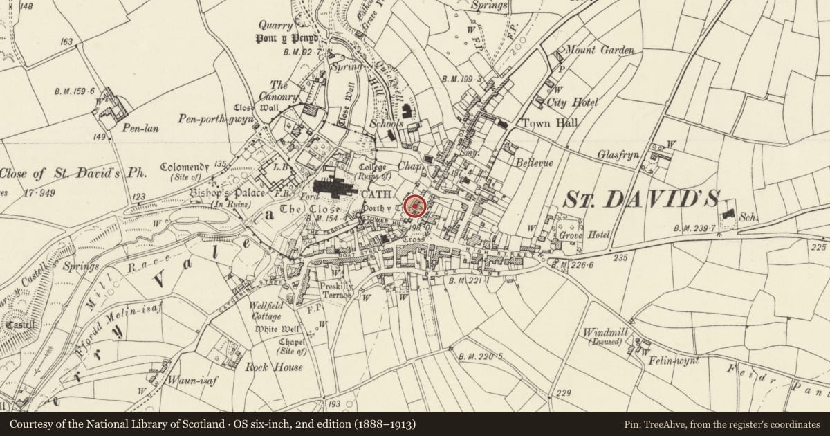 Ordnance Survey six-inch map, 2nd edition (1888–1913) covering the location of No.1 Cathedral Villas, St. David's and the Cathedral Close, Pembrokeshire, with a pin at the register's coordinates