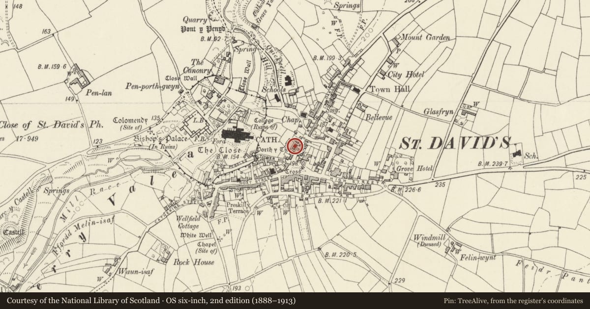 Ordnance Survey six-inch map, 2nd edition (1888–1913) covering the location of No.2 Cathedral Villas, St. David's and the Cathedral Close, Pembrokeshire, with a pin at the register's coordinates