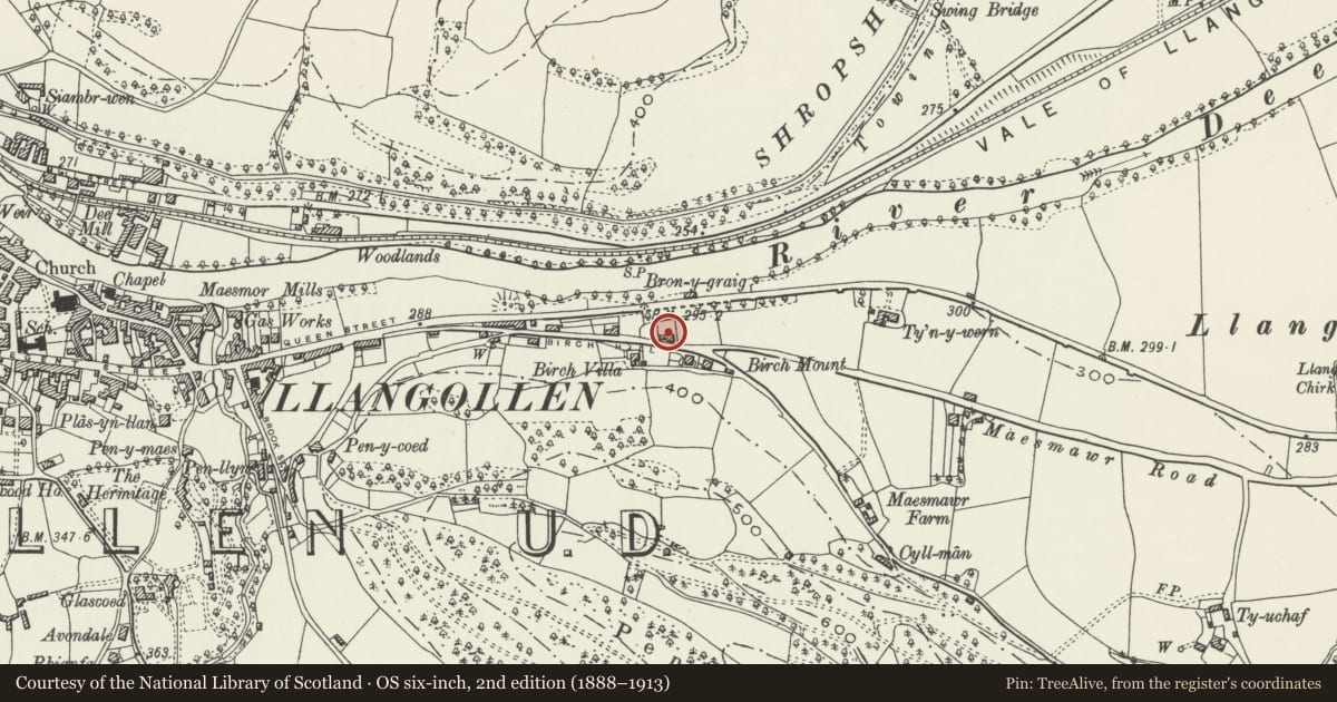 Ordnance Survey six-inch map, 2nd edition (1888–1913) covering the location of Pen-y-Bedw Cottage, Llangollen, Denbighshire, with a pin at the register's coordinates