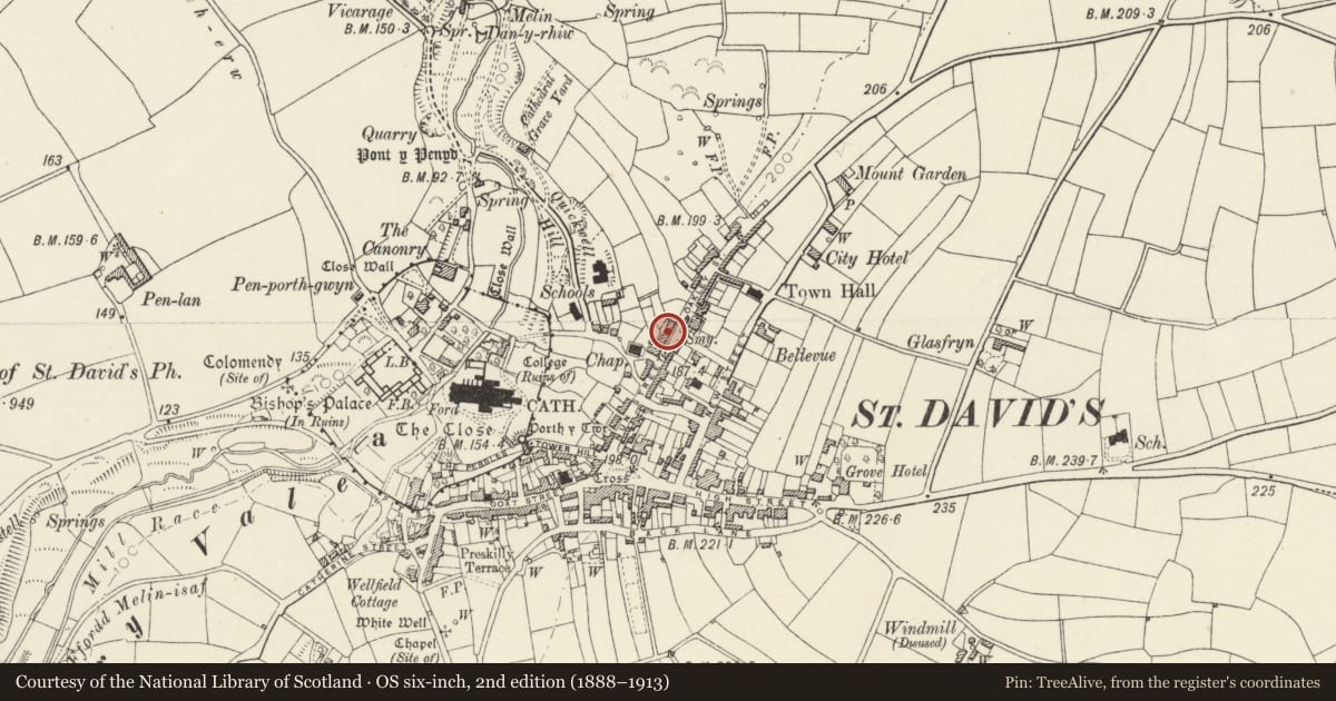 Ordnance Survey six-inch map, 2nd edition (1888–1913) covering the location of No.47 Royal Terrace, St. David's and the Cathedral Close, Pembrokeshire, with a pin at the register's coordinates