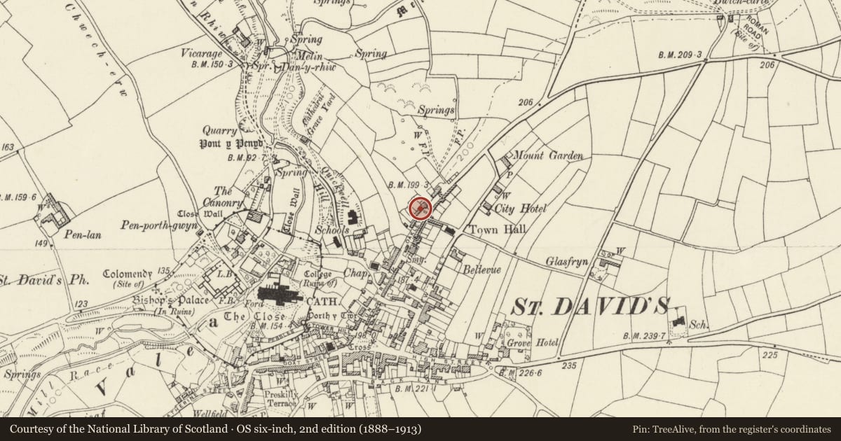 Ordnance Survey six-inch map, 2nd edition (1888–1913) covering the location of 75 Nun Street, St. David's and the Cathedral Close, Pembrokeshire, with a pin at the register's coordinates
