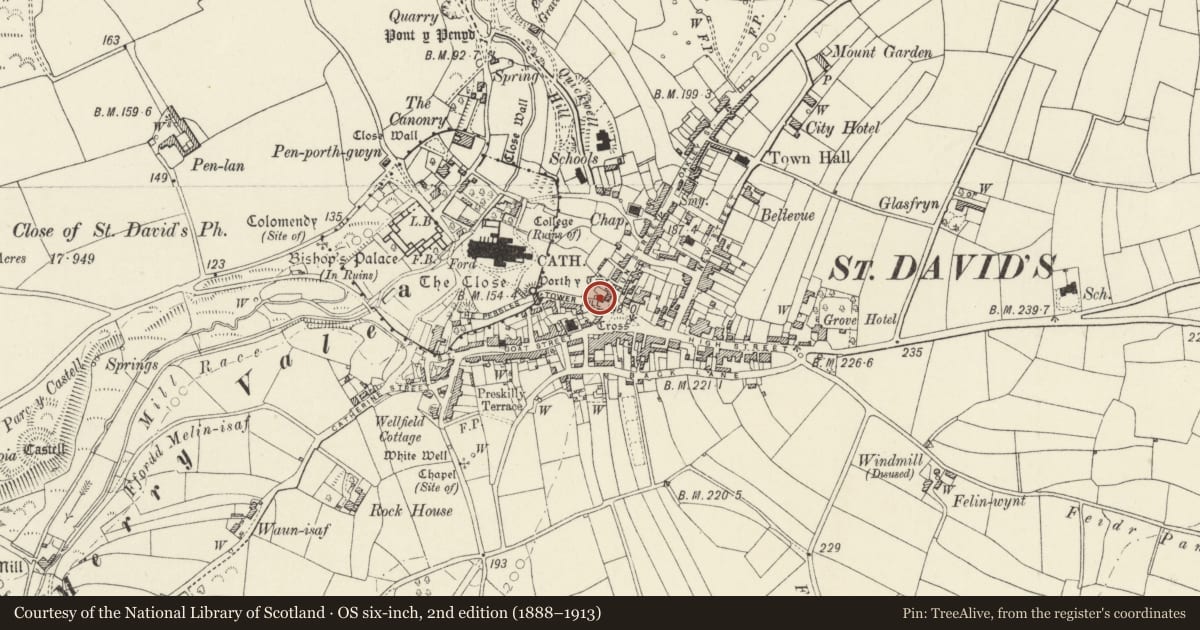 Ordnance Survey six-inch map, 2nd edition (1888–1913) covering the location of Tower Fashions, St. David's and the Cathedral Close, Pembrokeshire, with a pin at the register's coordinates