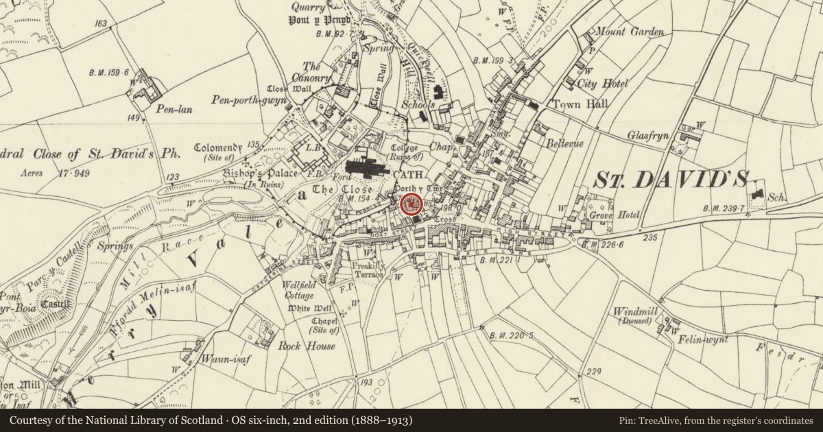 Ordnance Survey six-inch map, 2nd edition (1888–1913) covering the location of Ivy House, St. David's and the Cathedral Close, Pembrokeshire, with a pin at the register's coordinates