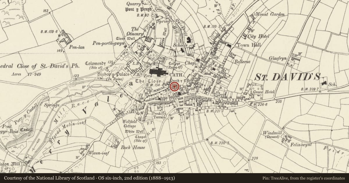 Ordnance Survey six-inch map, 2nd edition (1888–1913) covering the location of 5A The Pebbles, St. David's and the Cathedral Close, Pembrokeshire, with a pin at the register's coordinates