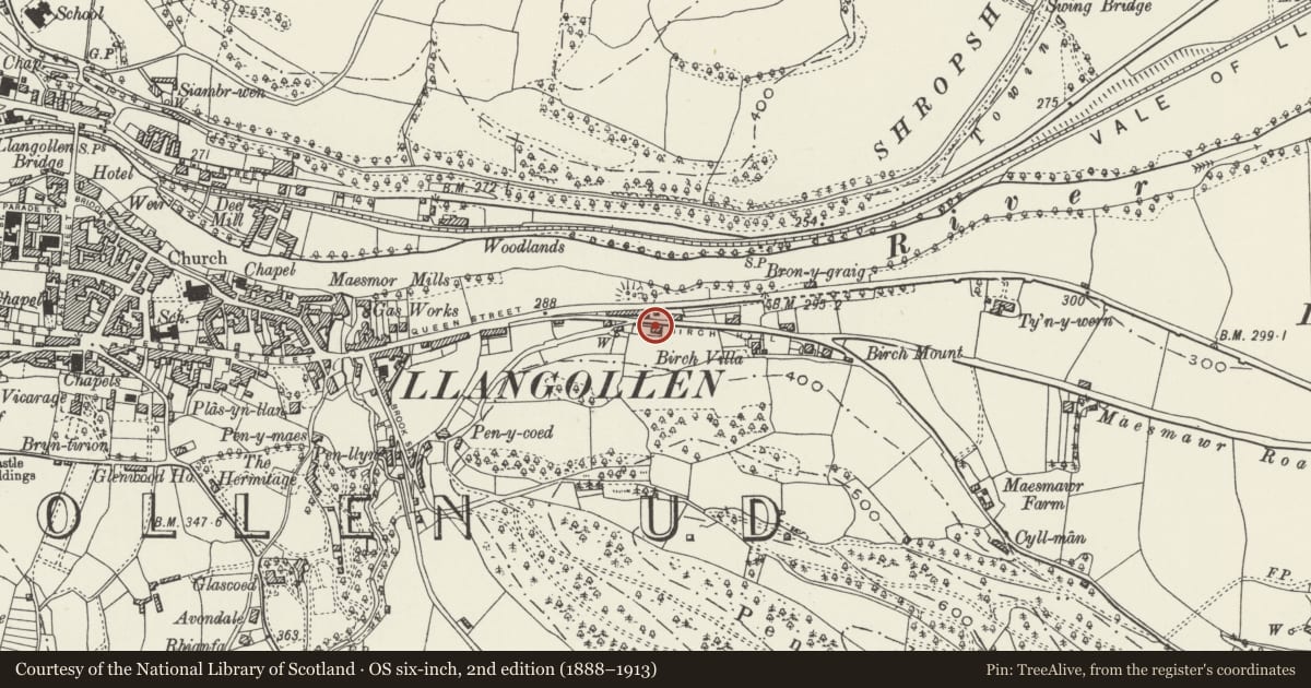 Ordnance Survey six-inch map, 2nd edition (1888–1913) covering the location of The Hollies Cottage, Llangollen, Denbighshire, with a pin at the register's coordinates