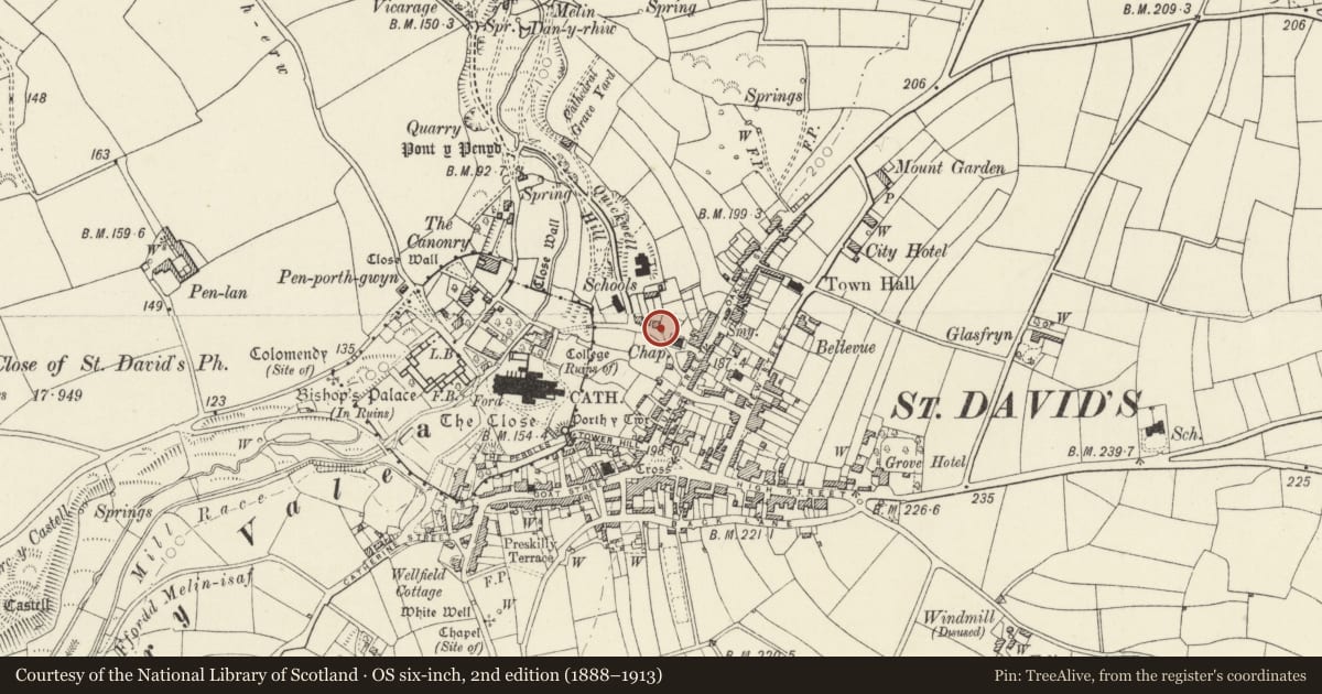 Ordnance Survey six-inch map, 2nd edition (1888–1913) covering the location of Ffynnon y Cycwll, St. David's and the Cathedral Close, Pembrokeshire, with a pin at the register's coordinates