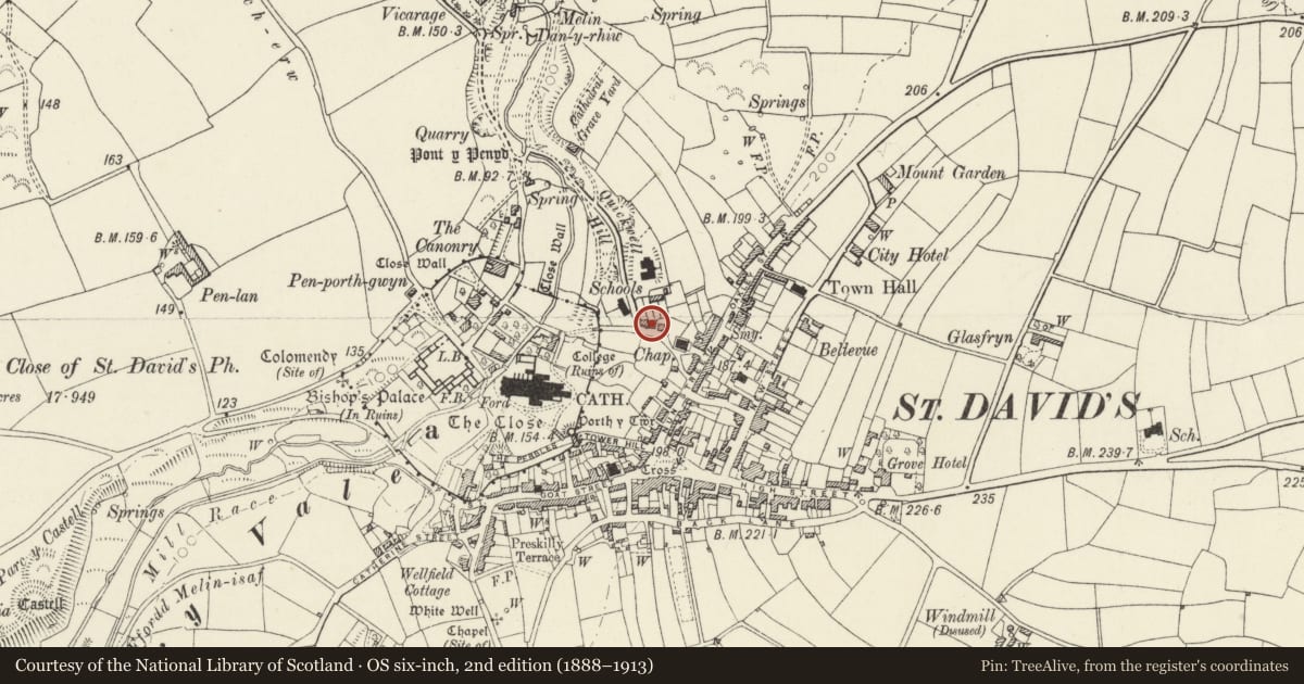 Ordnance Survey six-inch map, 2nd edition (1888–1913) covering the location of 6 Quickwell Hill, St. David's and the Cathedral Close, Pembrokeshire, with a pin at the register's coordinates