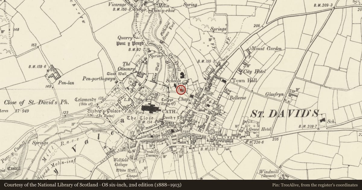 Ordnance Survey six-inch map, 2nd edition (1888–1913) covering the location of 8 Quickwell Hill, St. David's and the Cathedral Close, Pembrokeshire, with a pin at the register's coordinates