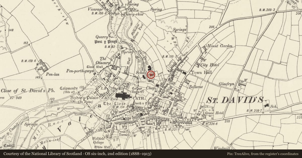 Ordnance Survey six-inch map, 2nd edition (1888–1913) covering the location of 10&12 Quickwell Hill, St. David's and the Cathedral Close, Pembrokeshire, with a pin at the register's coordinates
